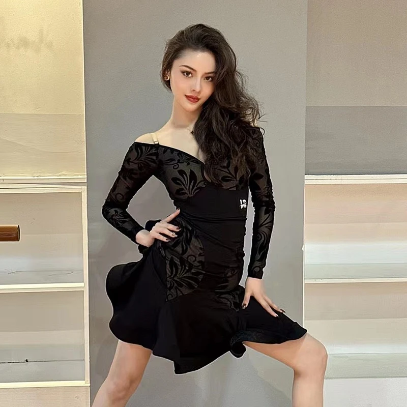 

Latin Dance Adult Lace Mesh Suspender Backless Dress Costume Performance Practice Dress Chacha Tango Samba Dacne Clothes DQL9737