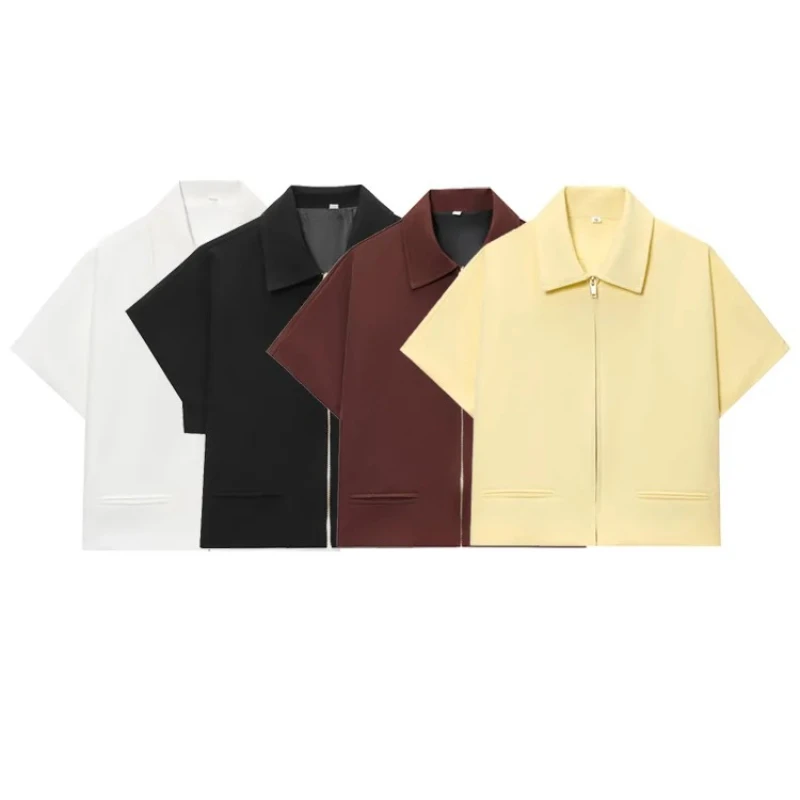 

Cropped Women's Jackets With Zipper Outerwears Top Summer Crop Cardigan Short -Sleeved Female Jacket Black Short Coats