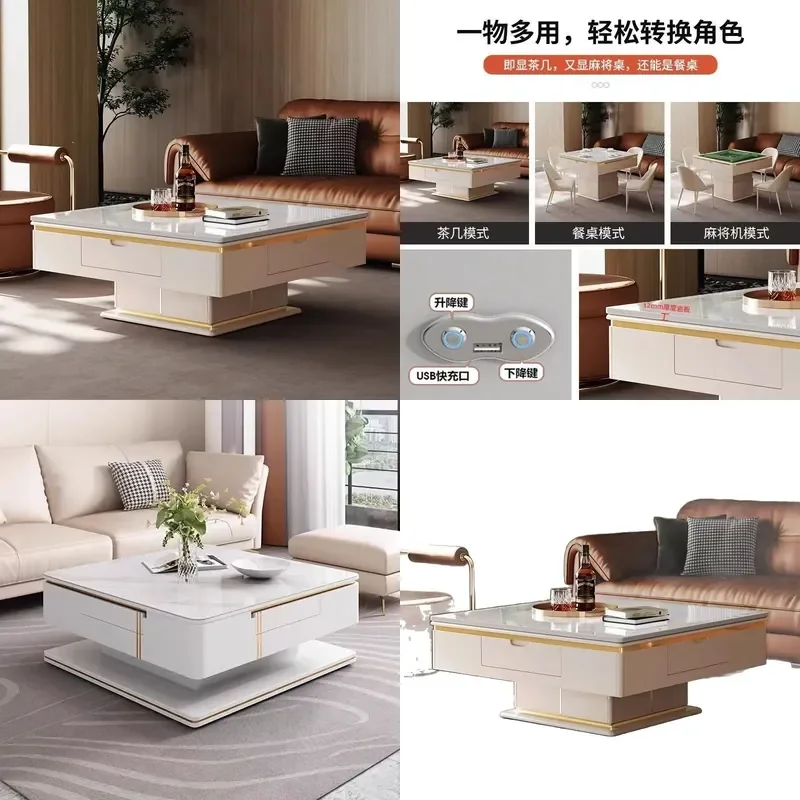 Modern Square Rock Slab Mahjong Table Lift Top Dining Coffee Desk Dual Purpose Living Room Furniture Light Luxury Style