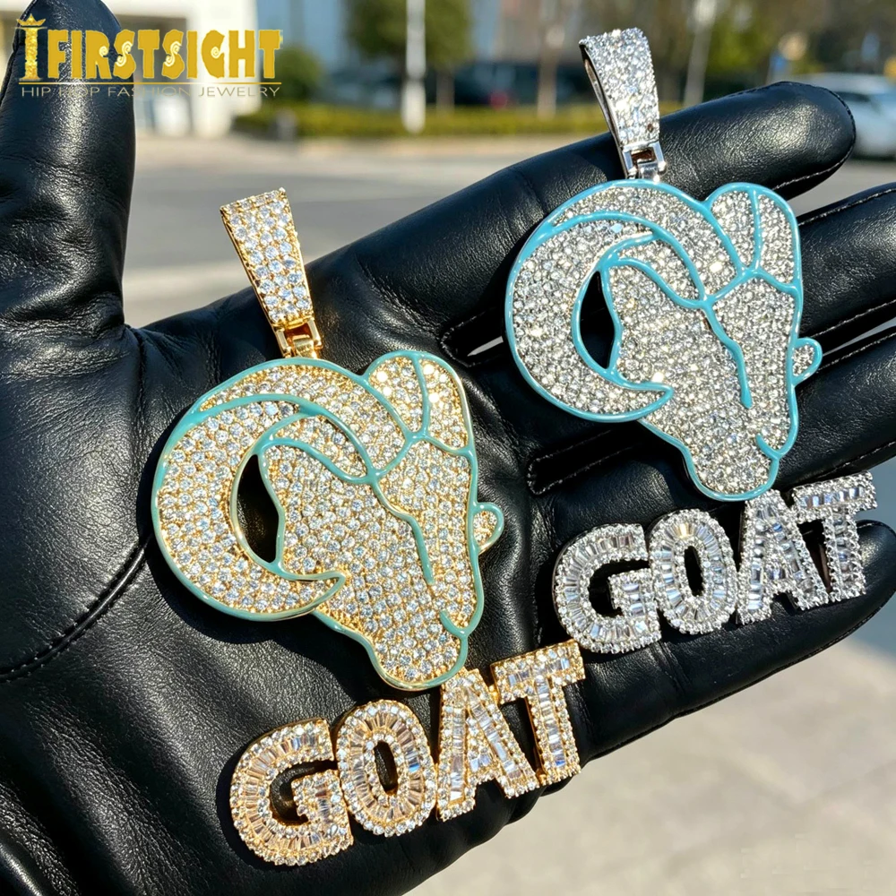 New Iced Out Bling CZ Letter Goat Pendant Necklace 5A Cubic Zirconia Blue Ename Head Animal Charm Men Women Hip Hop Jewelry