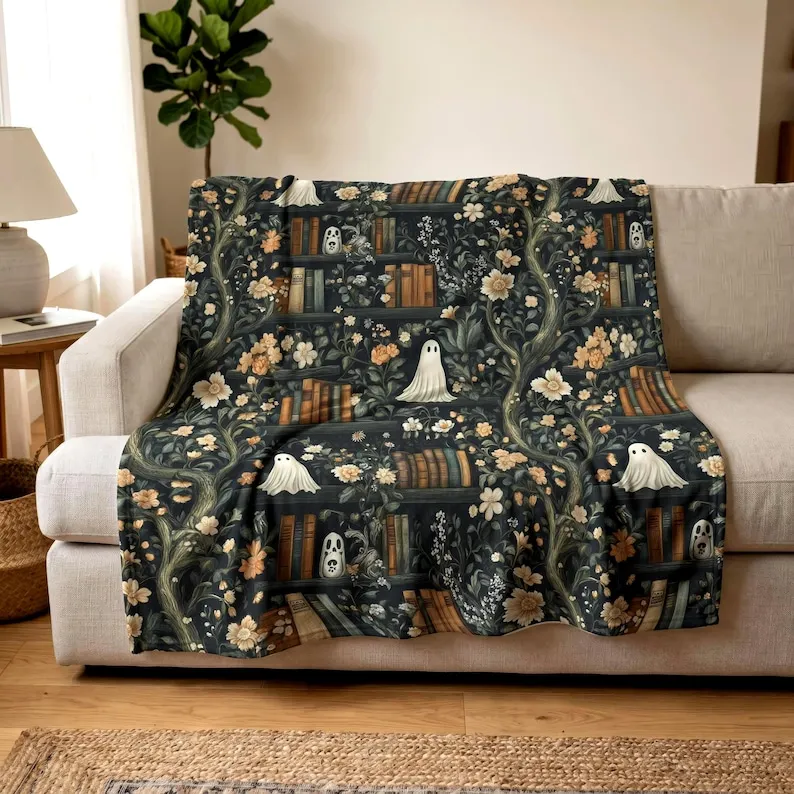 Halloween velveteen plush blanket Ghost Library Plush Blanket Cozy Reading Blanket Book Lover Gift Cottagecore Ghost Decor Reader Gift