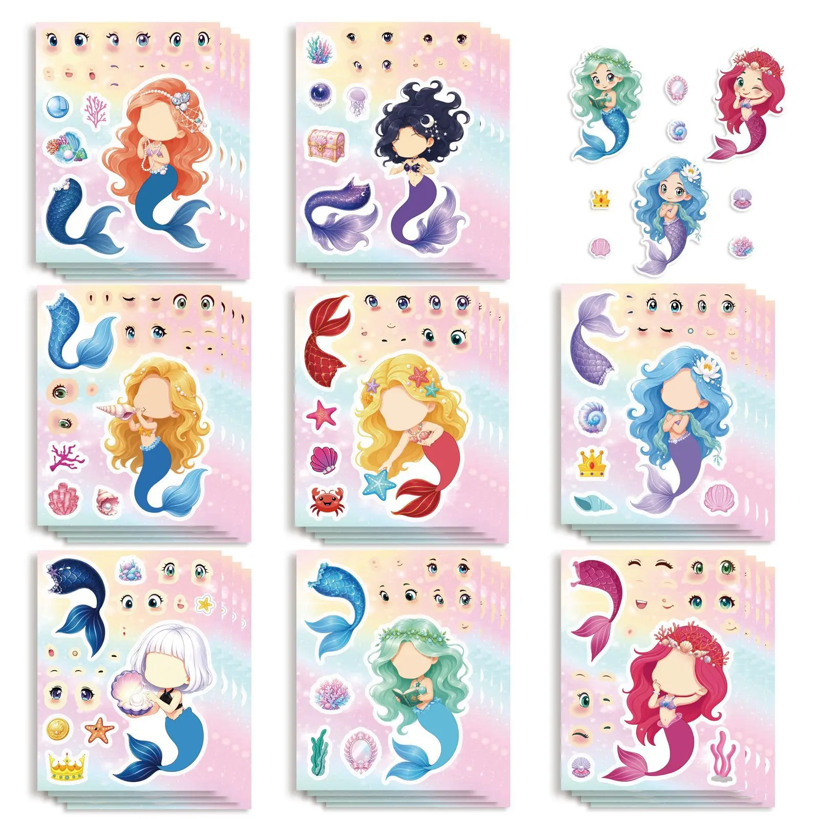 8 Pcs Mermaid Make a Face Change Stickers DIY Dress Up Cartoon Handmade Waterproof Decals for Stationery