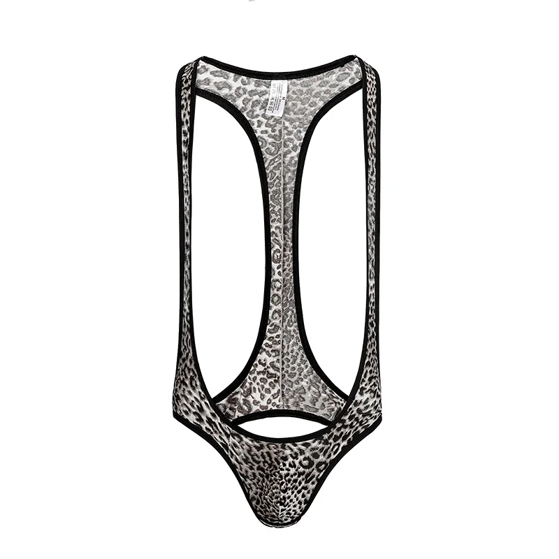 مثير الرجال نيسيس ليوبارد مثير منامة مفتوحة بعقب ارتداءها Lungewear طقم داخلي للجسم رجل بذلة المصارعة المشكل مثلي الجنس بذلة