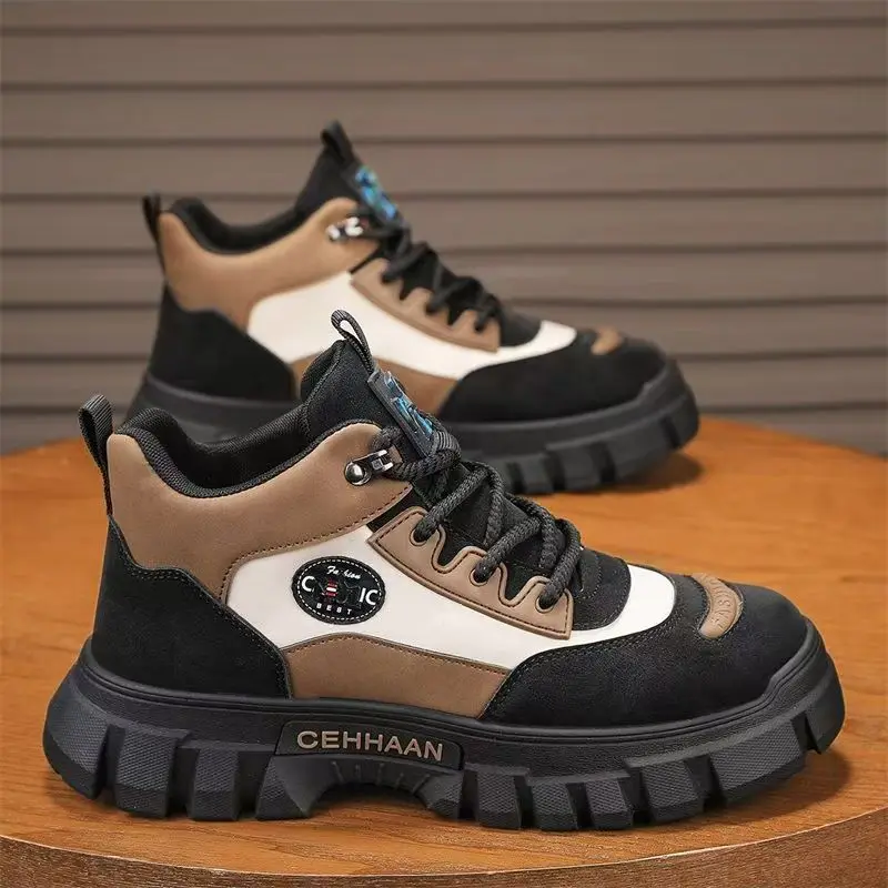 

Men Autumn Winter New High Top Lace Up Work Boots Thick Sole Non Slip Waterproof Wear Resistant British Style Ankle Boots