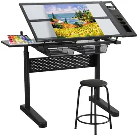 Glass Craft Table Drawing Desk – Drafting Tables Hobby Table Writing Studio Art Artist Desk with Adjustable Tilted