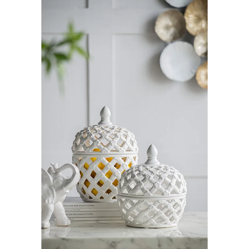 

White hollow porcelain vase storage tank new Chinese desktop living room entrance model room coffee table pendulum