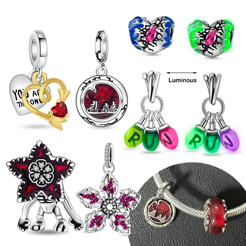 925 Silver Monster Character Pendant Glow in The Dark Red Heart Beads Fit Original Bracelet DIY Fine Jewelry Gift for Women