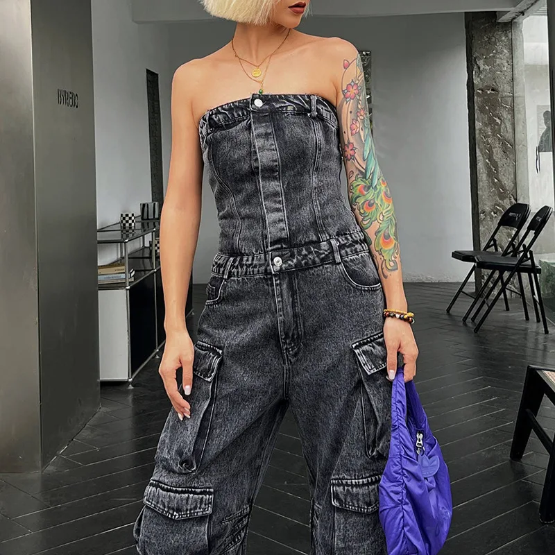 Fashion Y2k Denim Women Jumpsuits Autumn Strapless Single Breasted Cargo Pants with Pockets One Piece Streetwear Jean Rompers