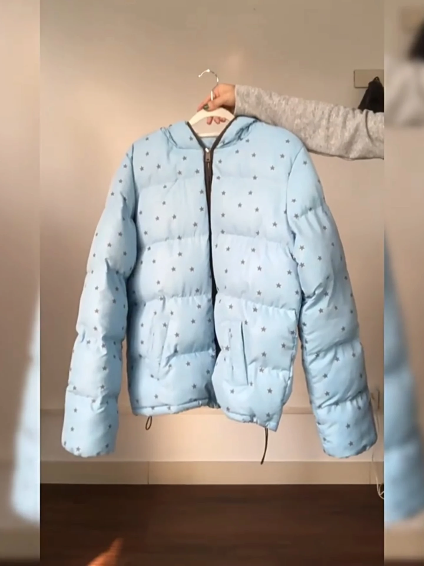 

Korean Sle Women's Hooded Warm Cotton Jaet Blue Print Cute Bread Coat Thiened Long Sve Zipper Closure Pure Color