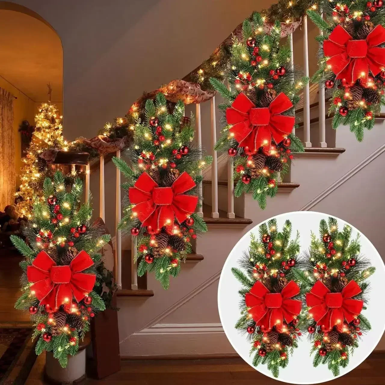 Christmas Stairs Wreath Hanging Decorations Winter Wreaths for Stairway  Christmas Decorations for Home Red Wreaths Bow Ornament