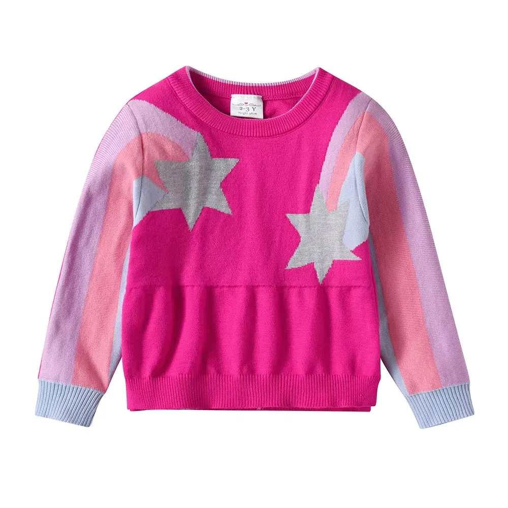 VIKITA Toddlers Hot Pink Star Sweater Kids Color Block Long Sleeve Crewneck Kintted Pullover Tops Kids Fall Winter Soft Knitwear