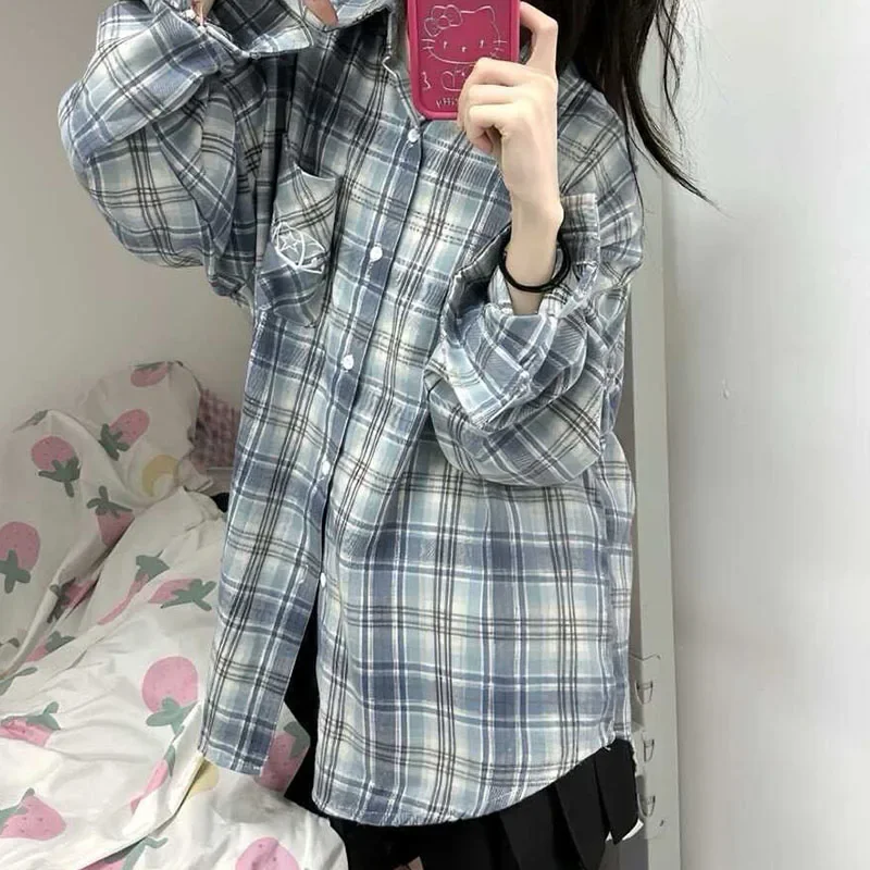 American retro Polo collar plaid shirt women's autumn 2024 new loose niche design casual sunscreen long-sleeved coat shirt