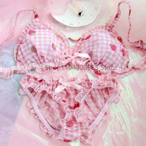 

Lolita Women's Cute Strawberry Print Bra & Panties Lingerie Set Japanese Girl Bras Briefs Underwear Set Women Bra and Panty Set