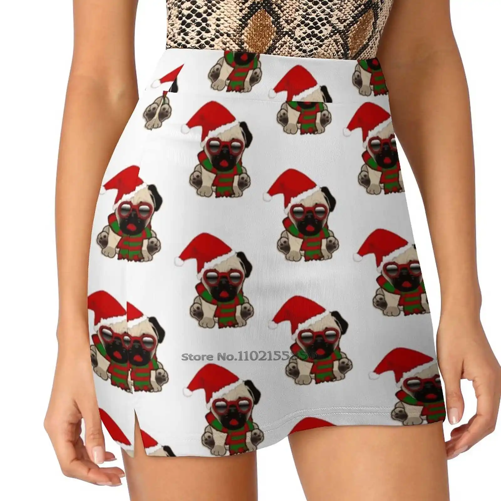 Christmas Pug Puppy In Santa Hat New Women Skirts Double-Layer Printed Short Dress Mini Sport Skirt Christmas Pug Christmas