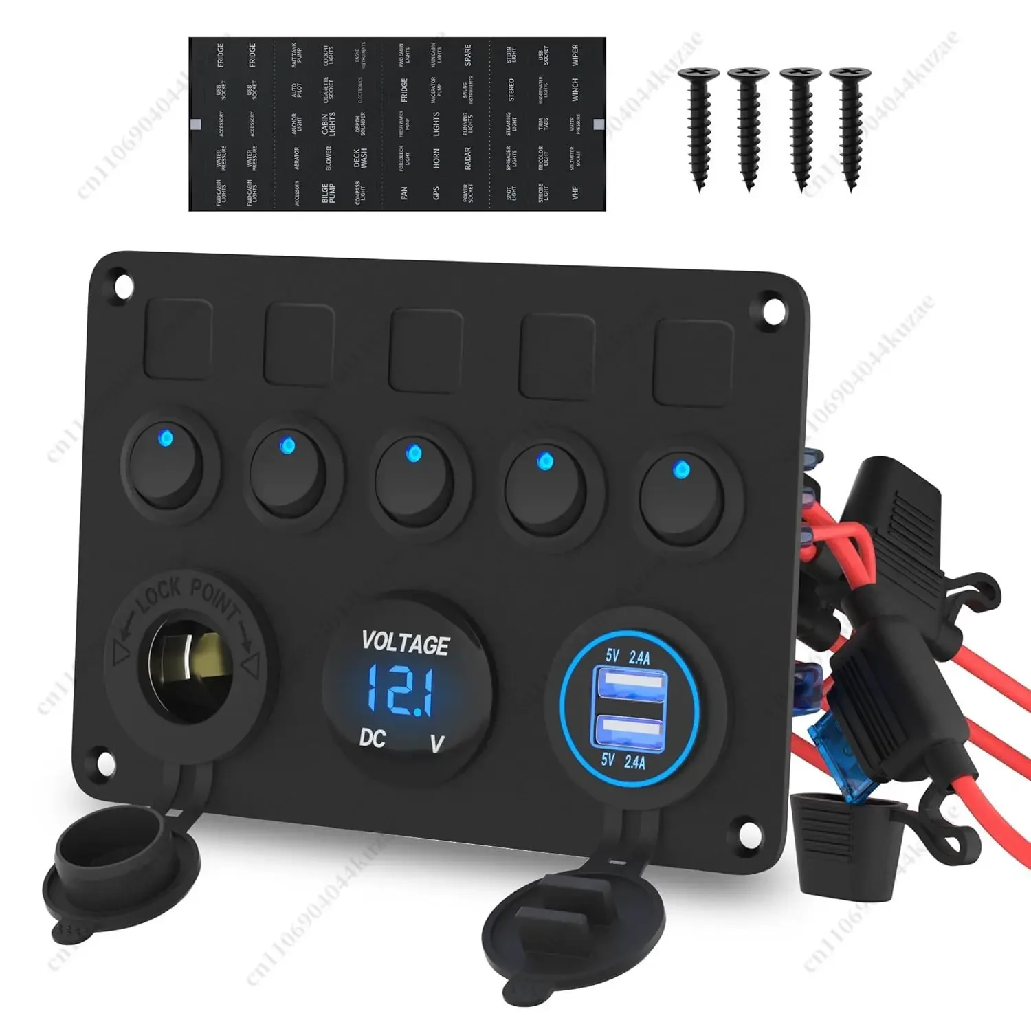HLH 12-24V 5-Position Cat Eye Switch Panel, Car Modification Combo with Cigarette Lighter & Dual USB Voltmeter
