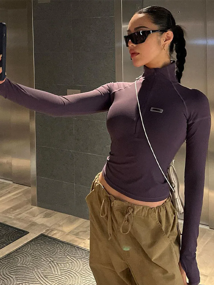 

Long sleeved zipper slim fit shirt, daily autumn and winter street wear, party basic fashion top, women's clothing