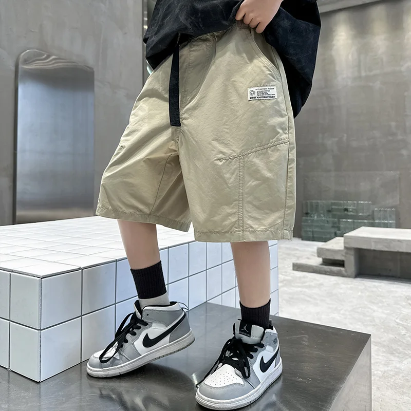 Kids Casual Solid Color Cargo Shorts for Tween Boys Khaki Black Summer Shorts Teenage Child Brief Knee-Length Pants Age 5-14Y