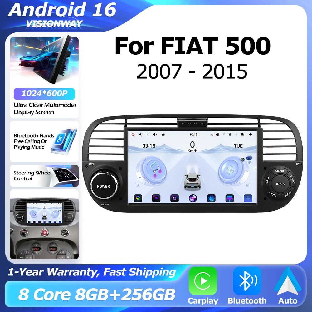 For FIAT 500 2007-2015 Car Radio Android 16 Lntelligent Multimedia Player Auto Bluetooth Wireless CarPlay WIFI 4G DSP GPS