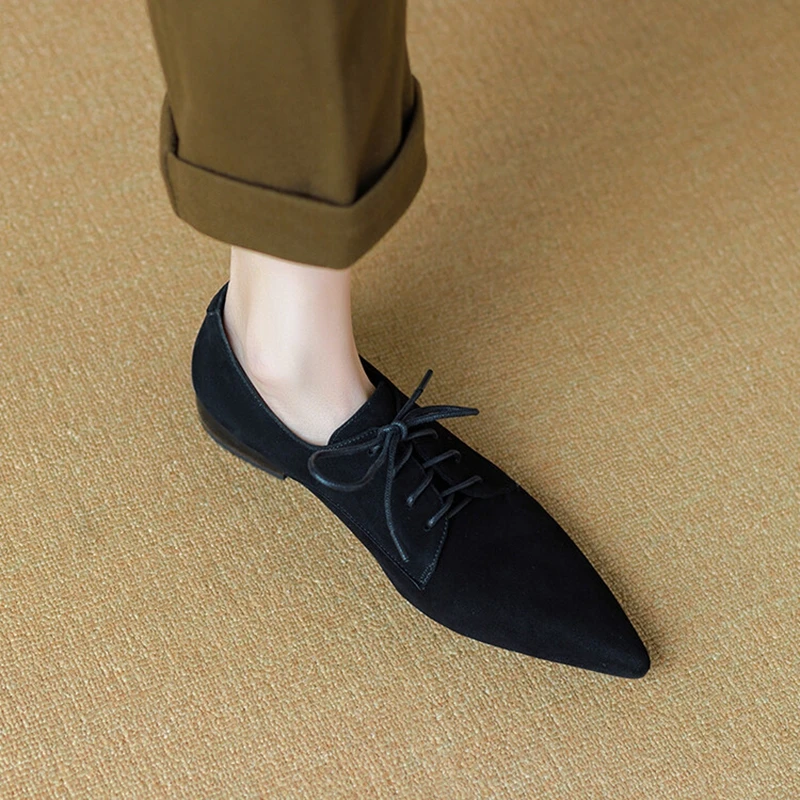 NEW Spring/Autumn Women Pumps Sheep Suede Leather Shoes for Women Pointed Toe Low Heel Shoes Casual Black Lace-up Handmade Shoes