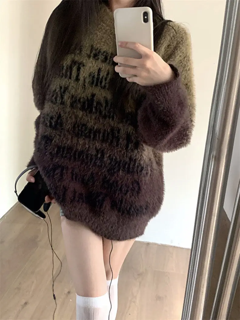Lazy Style Letter Jacquard Gradient Pullover Sweater for Women Loose and Versatile Soft and Sticky Knit Sweater