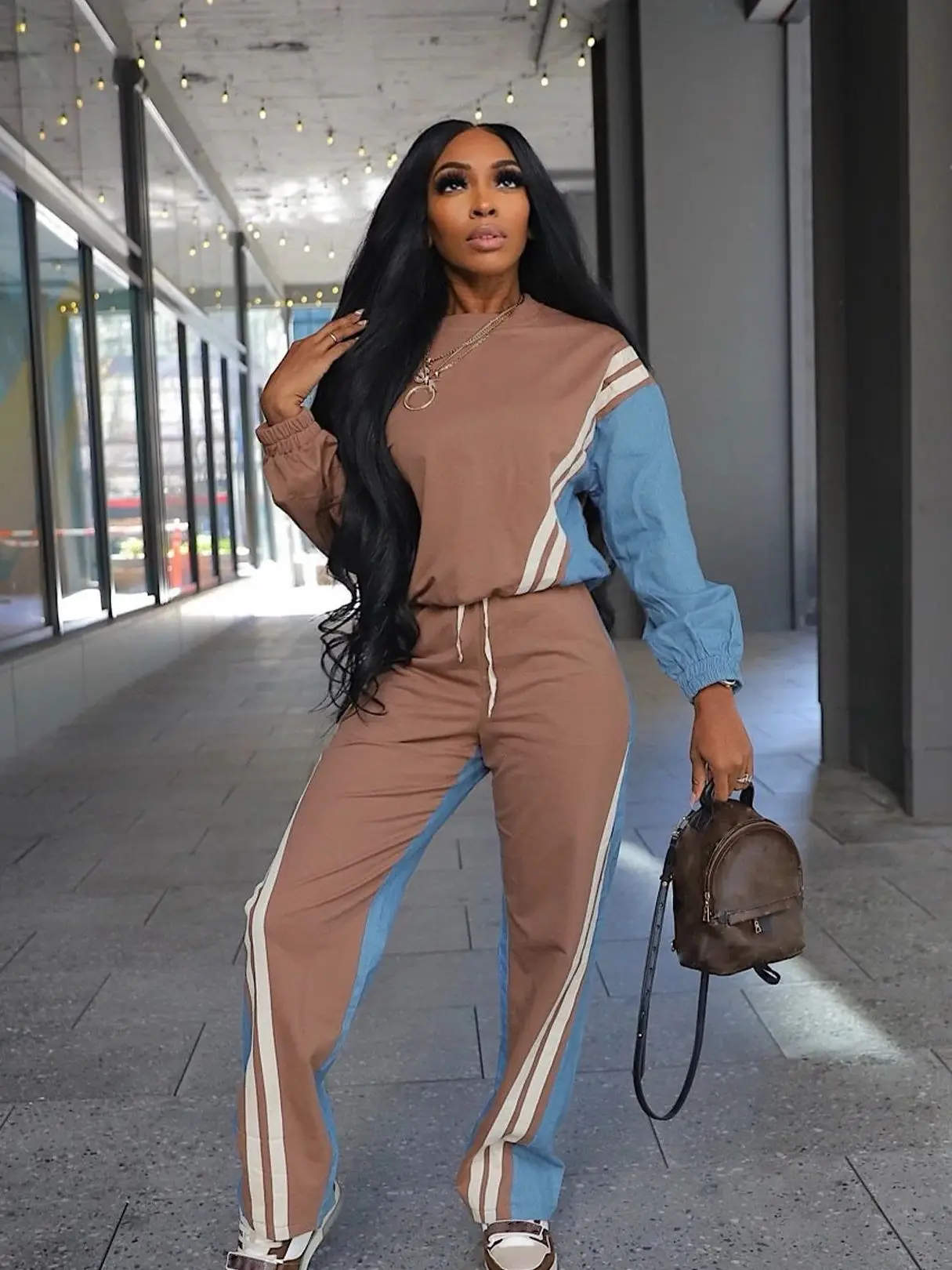 Weird Puss Herbst Trend 2-teiliges Set Damen Streifen Patchwork Vollarm Pullover + Kordelzug Hose Lässiger sportlicher Straßentrainingspak