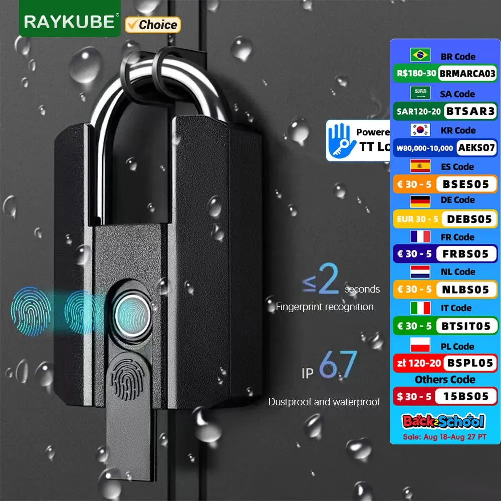 

RAYKUBE IP67 Водонепроницаемый замок TT Электронный замок Цифровой замок с отпечатками пальцев со встроенной перезаряжаемой батареей Разблокировка ключа приложения
