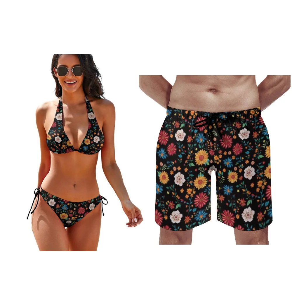 Summer Style Beach Couple Outfits With Floral Patterns Personalized Custom Bikini Beach Pants Lightweight Fabric Couple Swimsuit