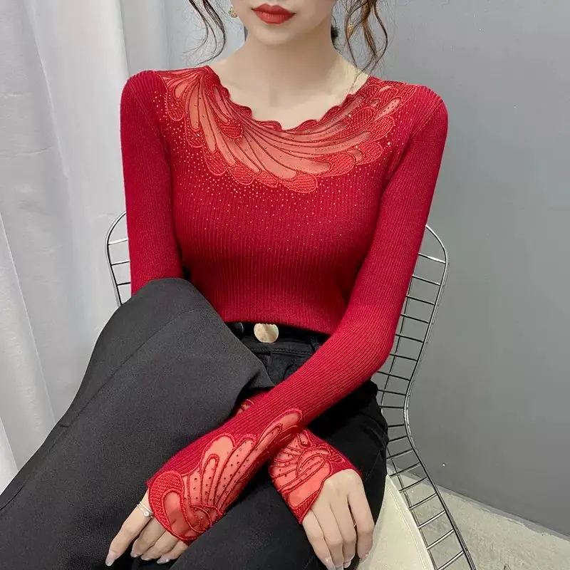 Autumn Winter New Bottoming Shirt Ladies Fashion Diamonds Knitting Pullovers Women Clothes All-match Patchwork Net Yarn Sweater