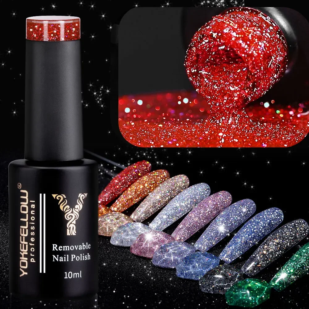 

2024 New YOKEFELLOW 10ML Reflective Glitter Gel Nail Polish Soak Off UV Gel Varnish Colorful Nail Gel Polish For Manicure