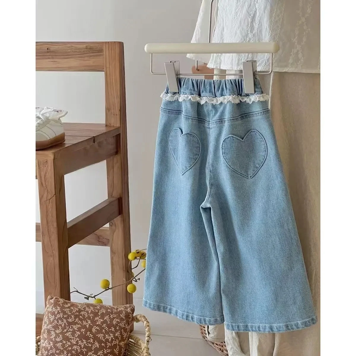 

Girls Lace Straight Leg Jeans 2025 Spring autumn Children Clothing Pants Children Korean Wide Leg Denim Pants