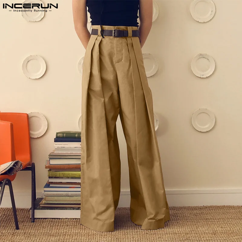 INCERUN Men Wide Leg Pants Solid Color Button Joggers Loose Pleated Casual Trousers Men Streetwear 2024 Fashion Long Pants S-5XL