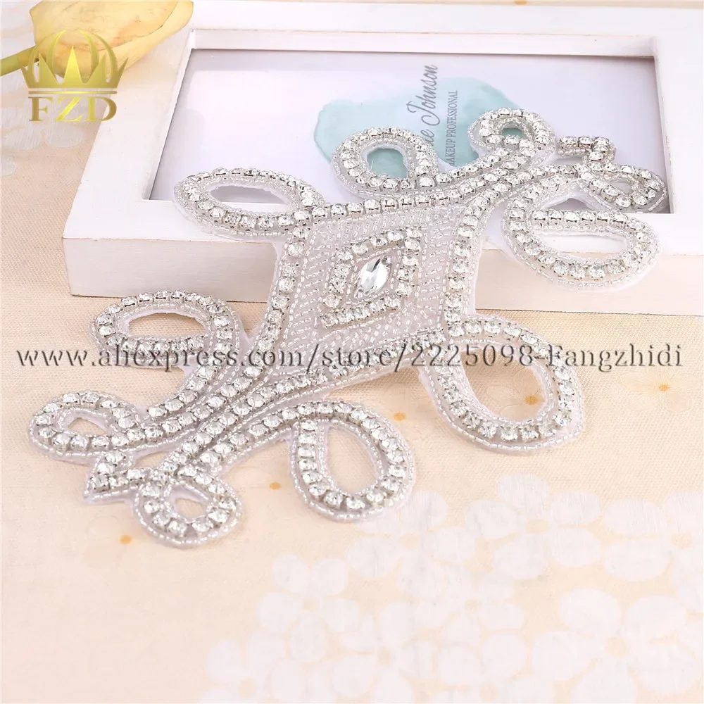 

FANGZHIDI 10 Pieces Handmade Hot Fix Crystal Glass Silver Rhinestone Applique Bridal Dress Applique for Bags DIY Decorative