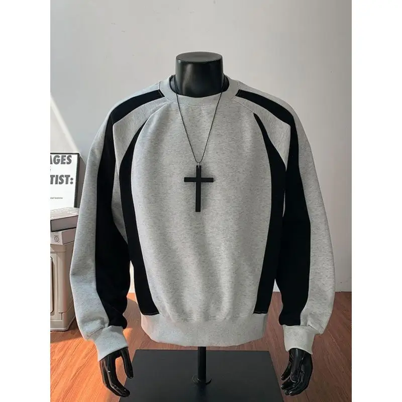 Men Contrast Color Spliced Sweatshirt Hip Hop Loose Fit Round Neck Sweatshirt Casual Raglan Long Sleeve Pullover Tops Autumn
