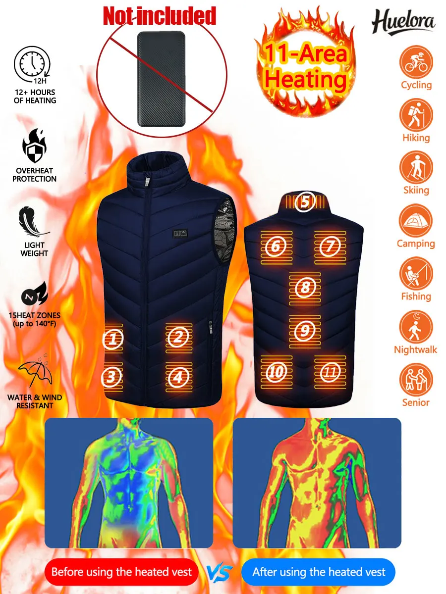 EUR Size Heated 11 Zones Vest Heating Jacket Winter Vest Outdoor Motorcycle Camping Fishing Ski (Not Included In The Power Bank)