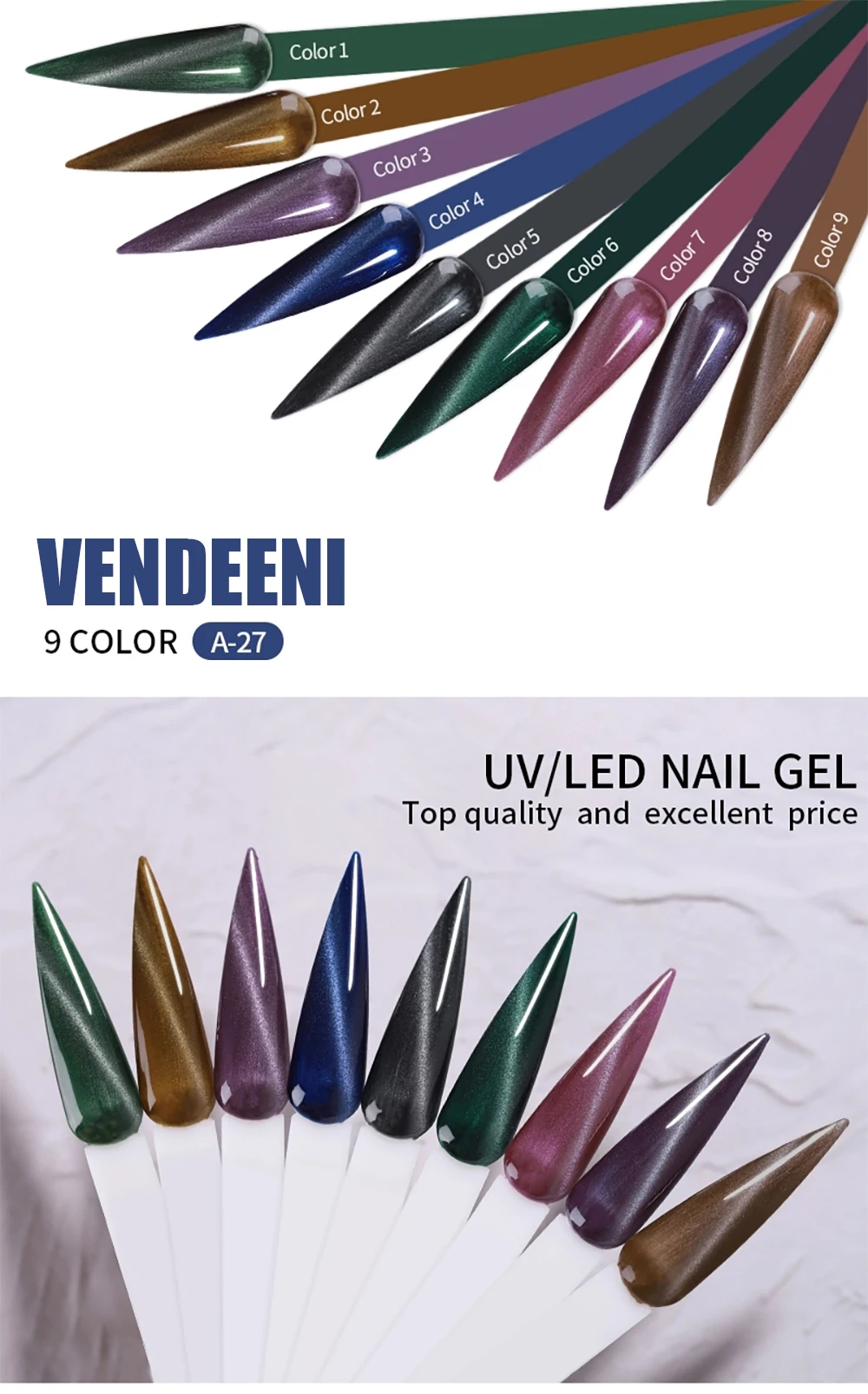 Vendeeni 9 Farben Magnetischer Katzenaugen-Gel-Nagellack Semi-Permanenter UV-Soak-Off-Gel-Lack Breiter Katzenaugen-Gel-Lack für Nagelkunst – Detail 6