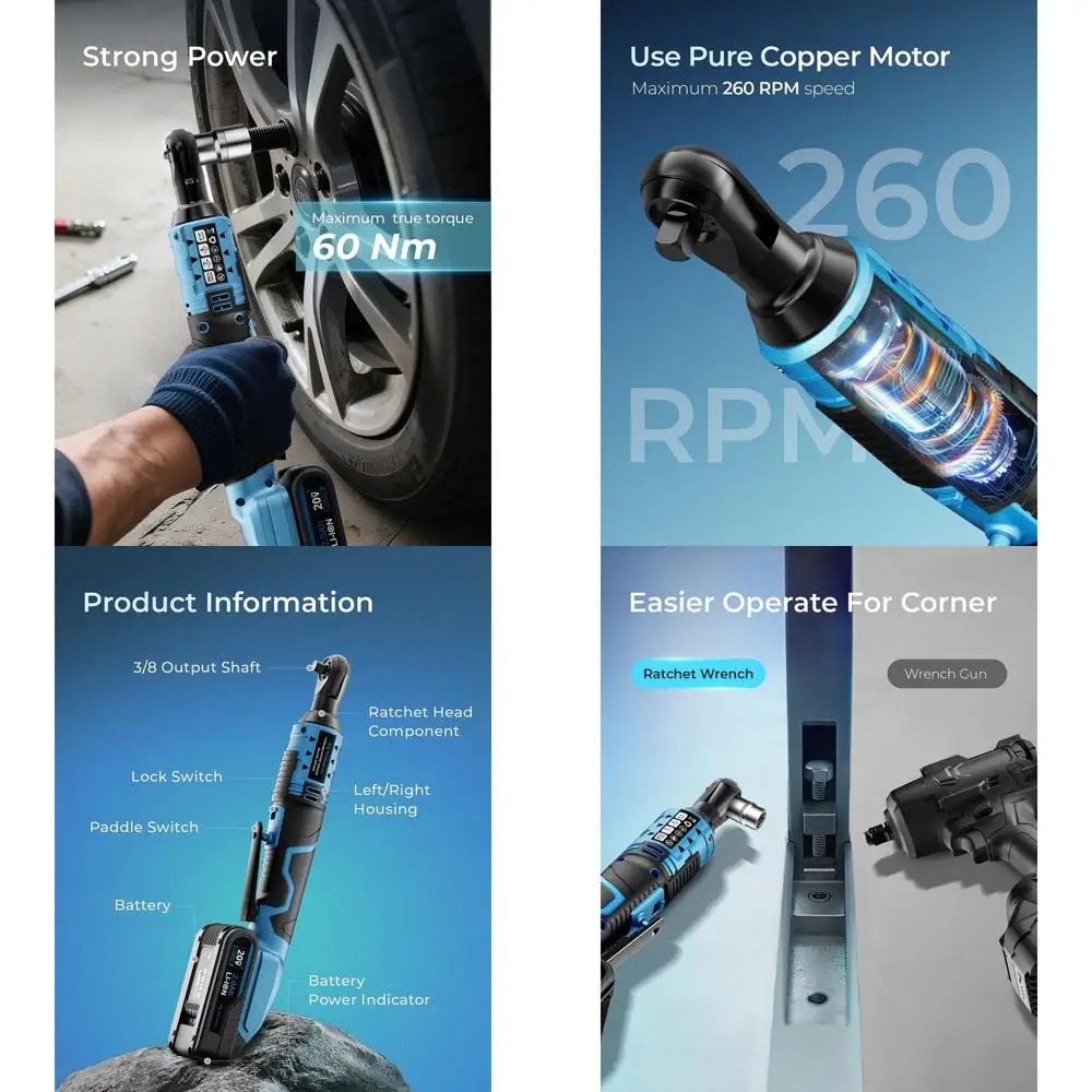 

20V Cordless Ratchet Wrench Set, 44.2 Ft-Lbs Torque, 3/8 Drive, 7 Sockets, 2.0Ah Battery, 1/4 Adapter, Quick Charger for Pros &