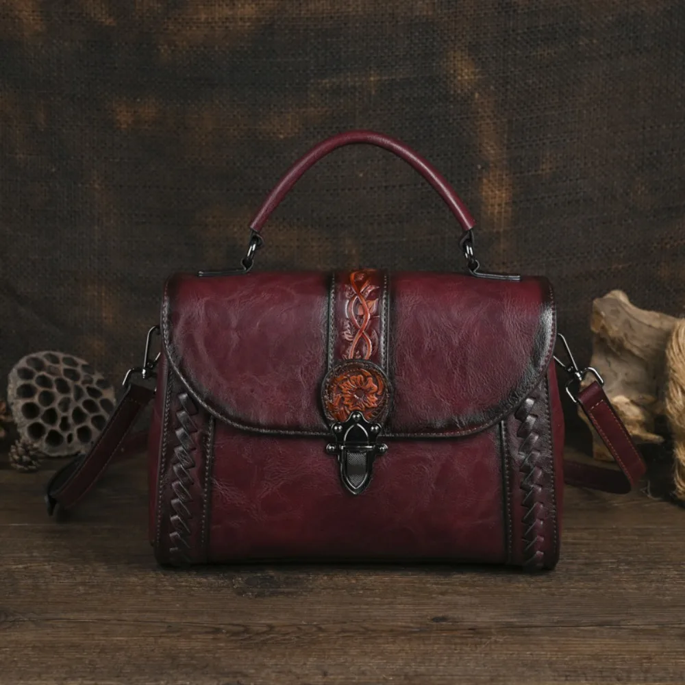 Chinese Style Embossing Tote Bags Handmade Leather Shoulder Crossbody Bags For Women Vintage Square Women Handbags