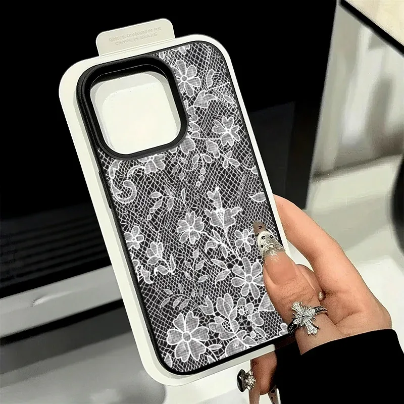 

White Lace Patterned Lychee Textured Silicone Phone Case For iPhone 17 16 15 14 Plus 13 12 11 Pro MAX 17 Air Silicone Soft Cover