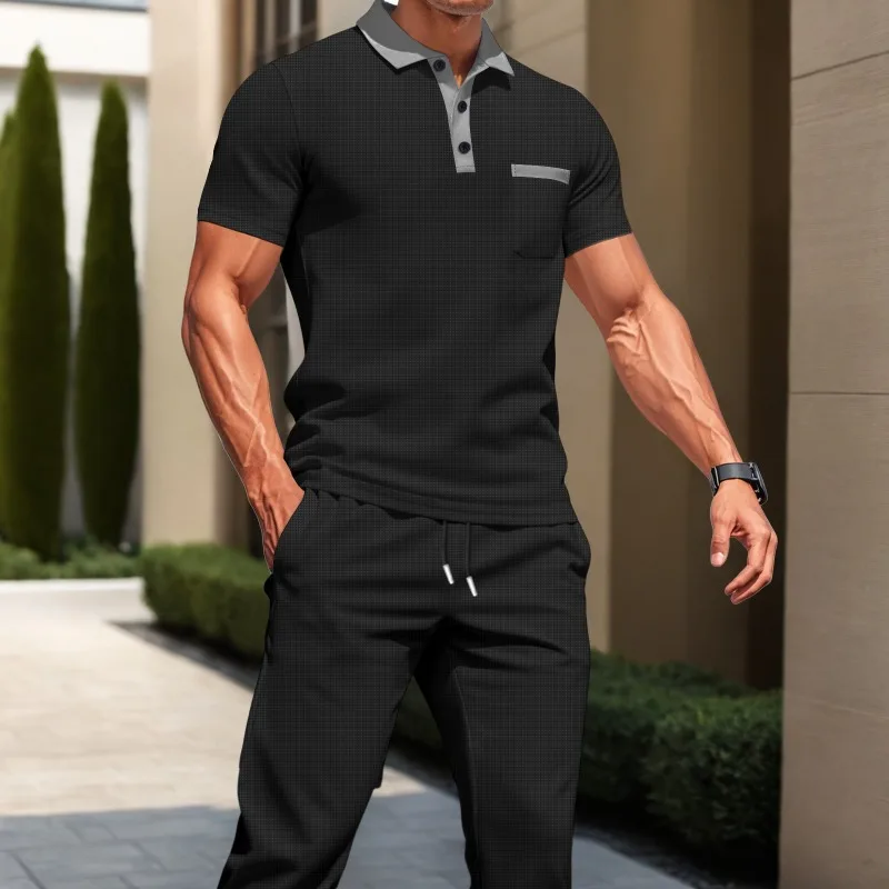 Summer New Men's Lapel Color-blocked Pocket Button Short-sleeved Trousers Suit
