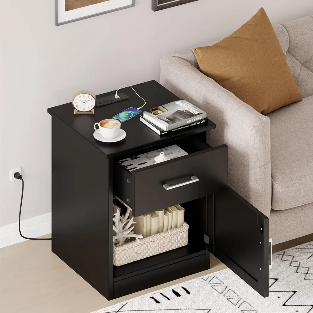 

Side Table With Drawer and Storage Cabinet Set of 2 Nightstand With Charging Station and USB Ports & Power Outlets Nightstands