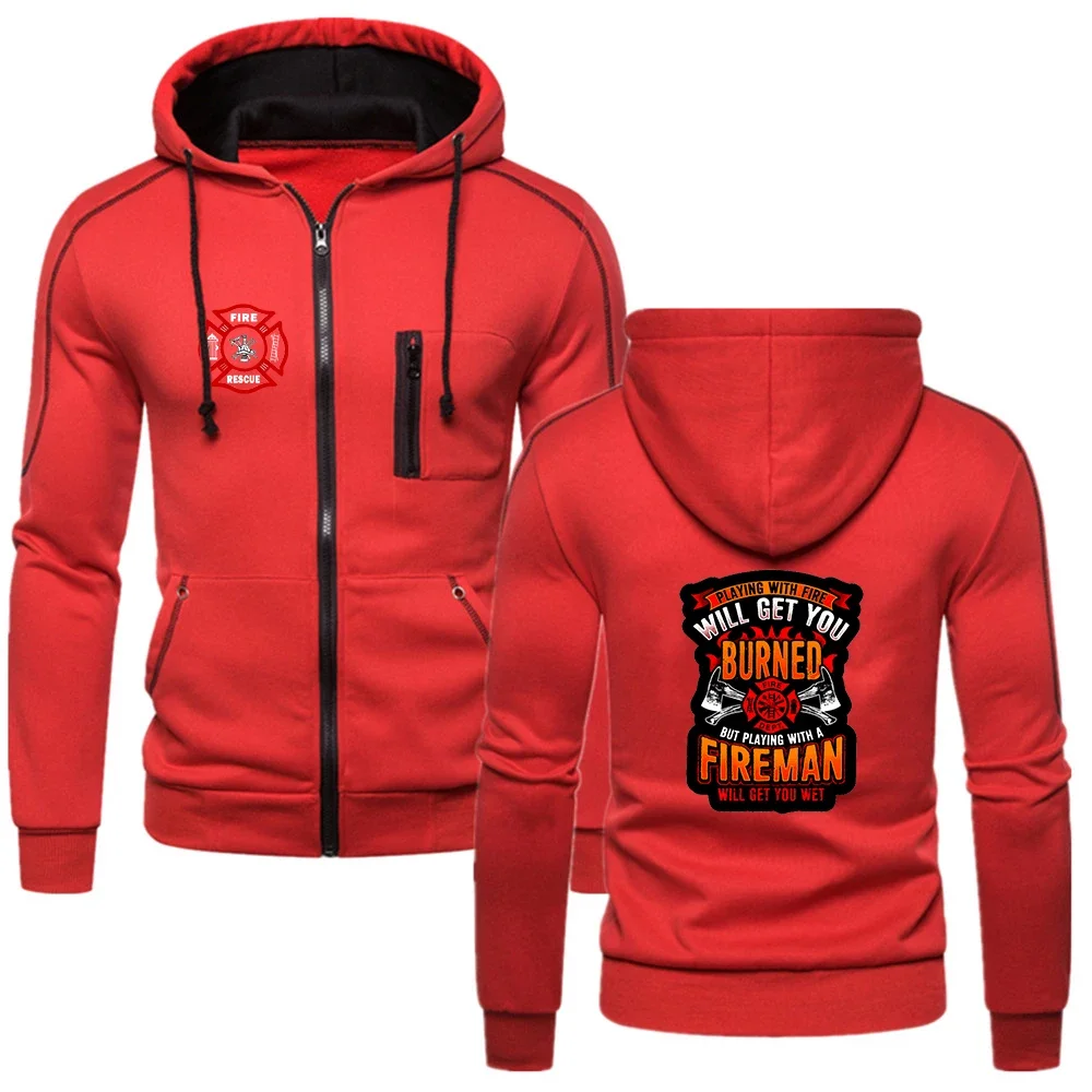 2024 Spring Autumn Men's Firefighter Rescue Team Logo Printed Popular Zipper Hooded Casual Sports Jacket Comfortable Sweatshirts