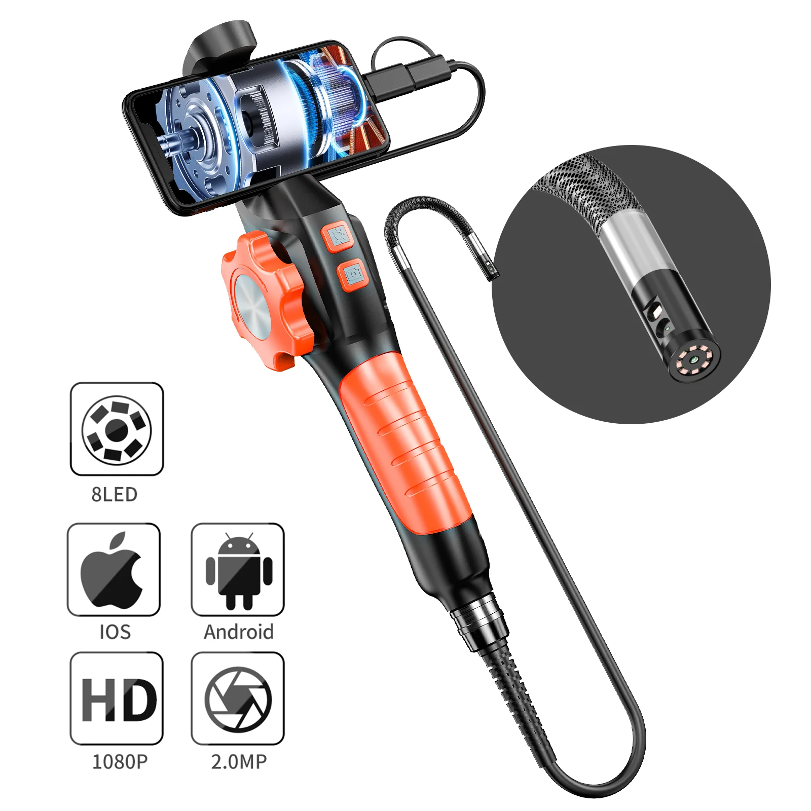 Two-Way Articulating Borescope 1080P HD Handheld Boroscope with 8 LED Lights Semi-Rigid Snake Inspection Camera For IOS Android