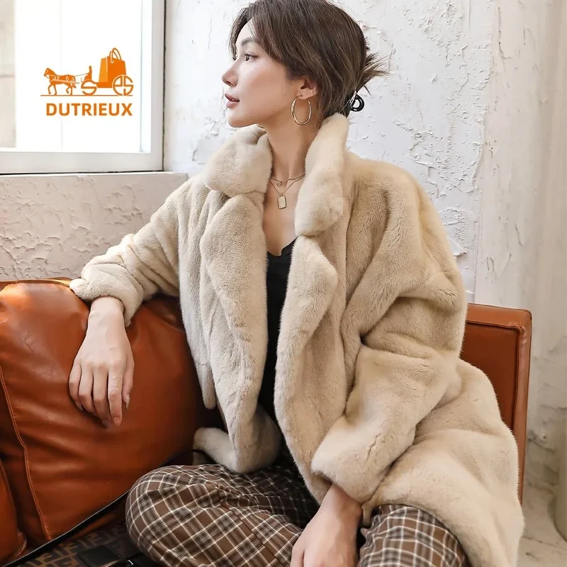 2024 Winter New Luxury Mink Coat , Women's Temperament 100% Velvet Mink Real Fur Lapel Hooded Mink Jacket , Mid-Length Fur Coat