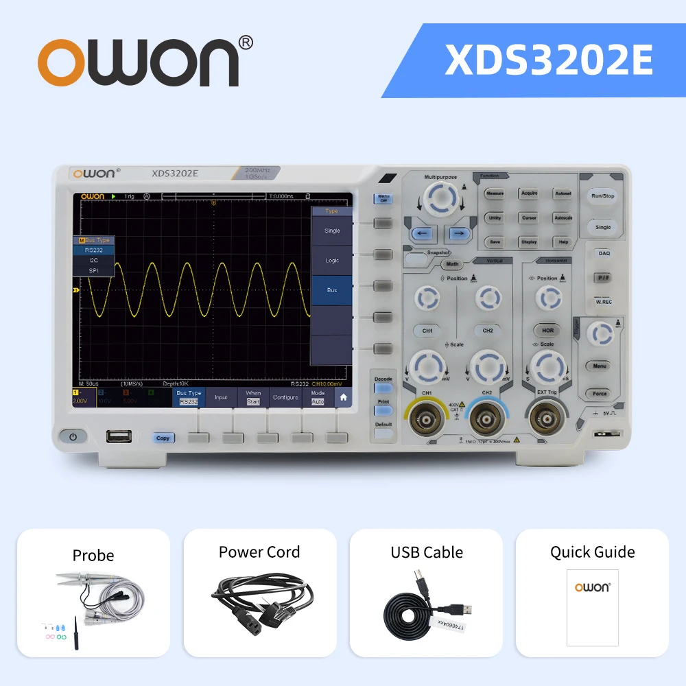 OWON XDS3202E 8-bits digitale oscilloscoop met dubbele kanaal, 200MHz, 1GS/s, 40M opnamelengte, 56.000 Wfms/s, 8 inch, 2+1 externe opties