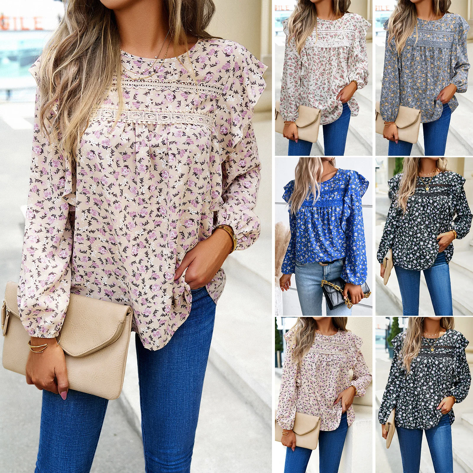 

Floral Shirt Women's 2025 Autumn And Winter Women's Clothing Crew Neck Long-sleeved Top
