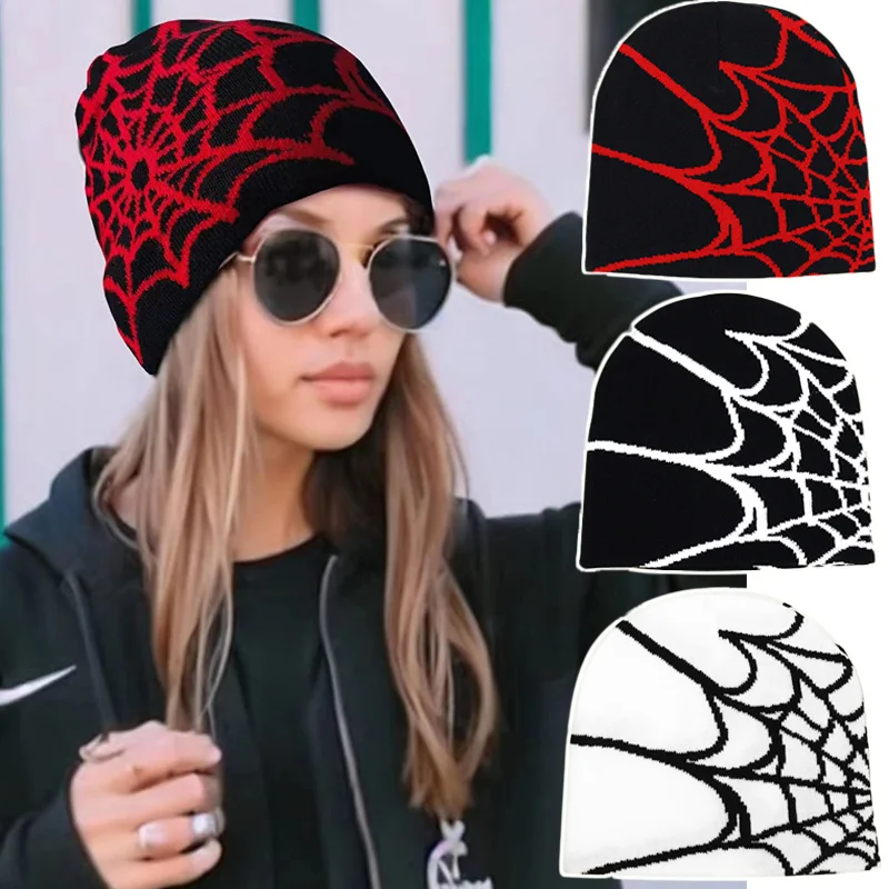 

2023 New Gothic Spider Web Hat Y2K Elastic Knitted Warm Beanies for Men Women Fashion Street Punk Hip-hop Caps Beanie Skullies