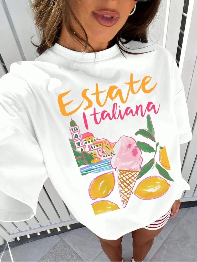 JHYF American Retro Hand-Drawn Graffiti Ice Cream Lemon Print Spicy Girl Short Sleeve T-Shirt Women's Trendy Cotton round Neck