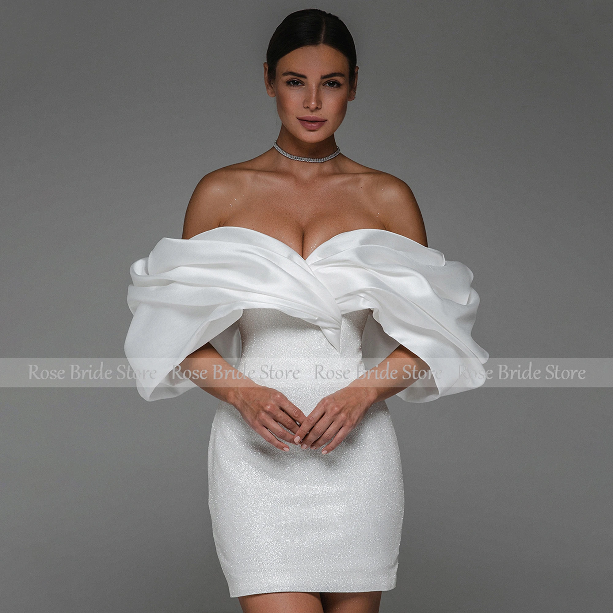 Short Wedding Dress for Bride White Off the Shoulder Mini  Gown Women 2023 Sheath/Column Backless Glitter Bridal Dresses