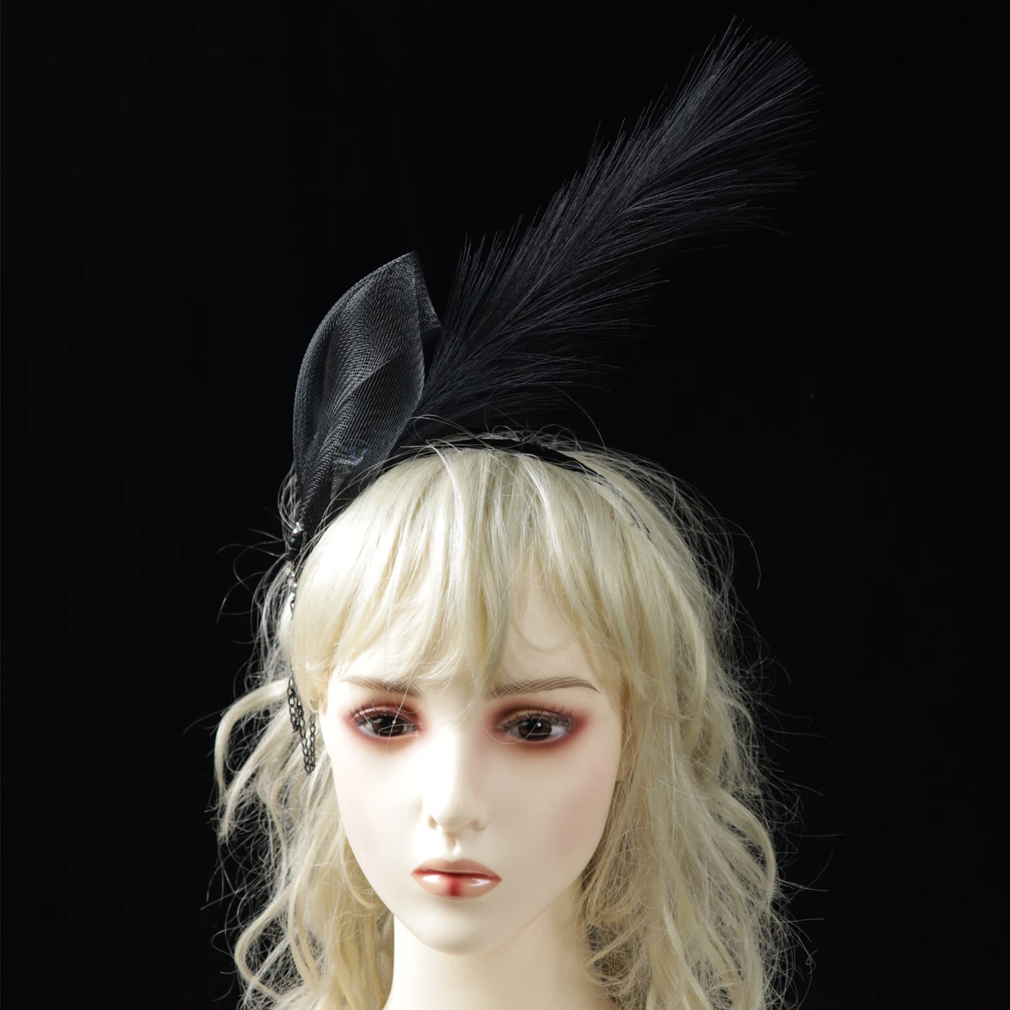 

Black single feather headpiece, stage performance hair accessory, headband, party decoration