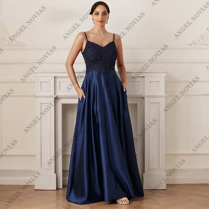 

Real Picture Long Navy Blue Mother of the Bride Dress with Straps Wedding Party Dress Robe Pour Ceremonie De Mariage 21747